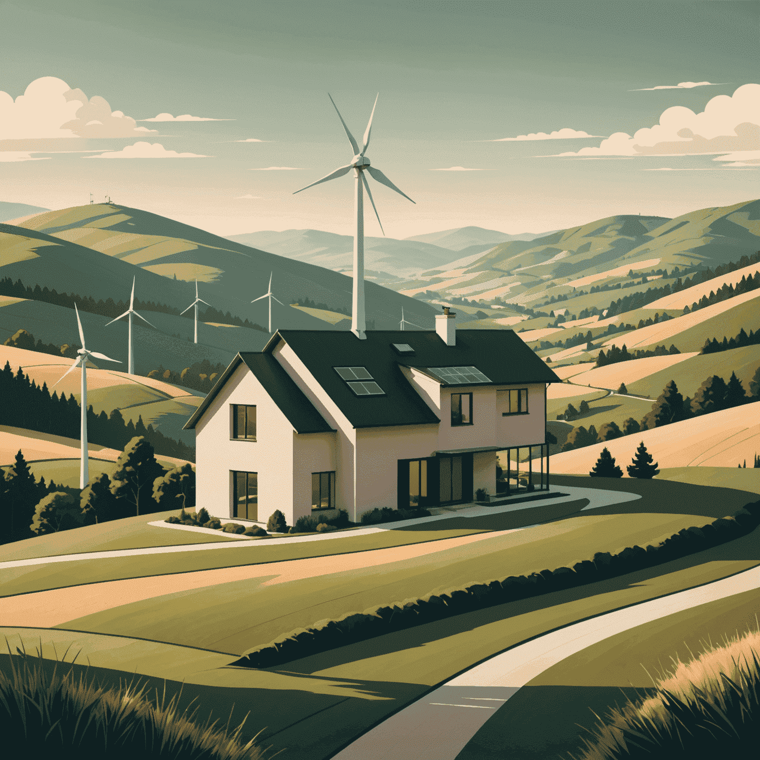 A minimalist illustration of a modern house with a small wind turbine on the roof, set against a backdrop of gently rolling hills. The image uses a color palette of dark green, beige, and brown to match the website's style.