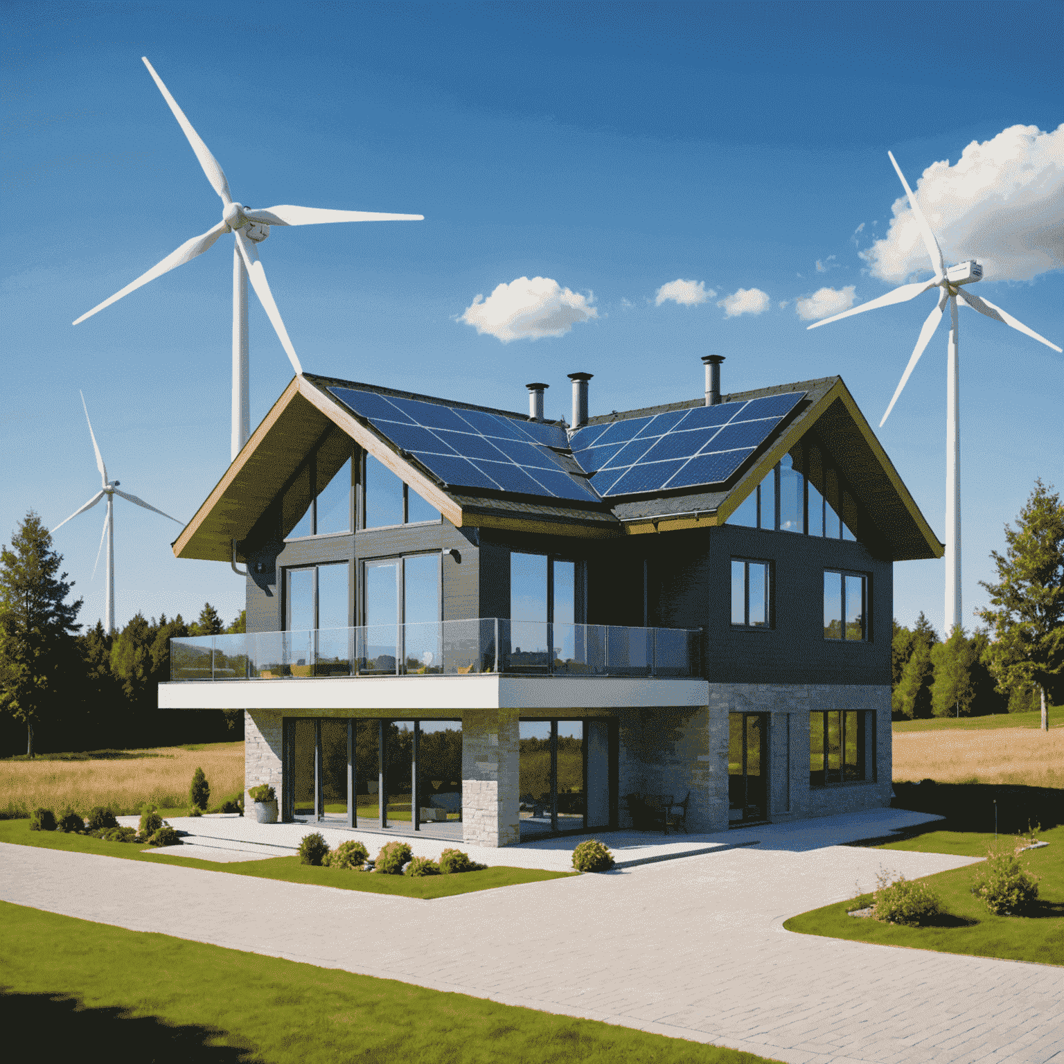 Illustration of a modern house with wind turbines in the background, showcasing the integration of wind energy in Canadian homes. The image features a sleek, energy-efficient house design with large windows and solar panels on the roof. In the distance, elegant wind turbines are seen spinning against a clear blue sky, symbolizing the clean and renewable nature of wind power.