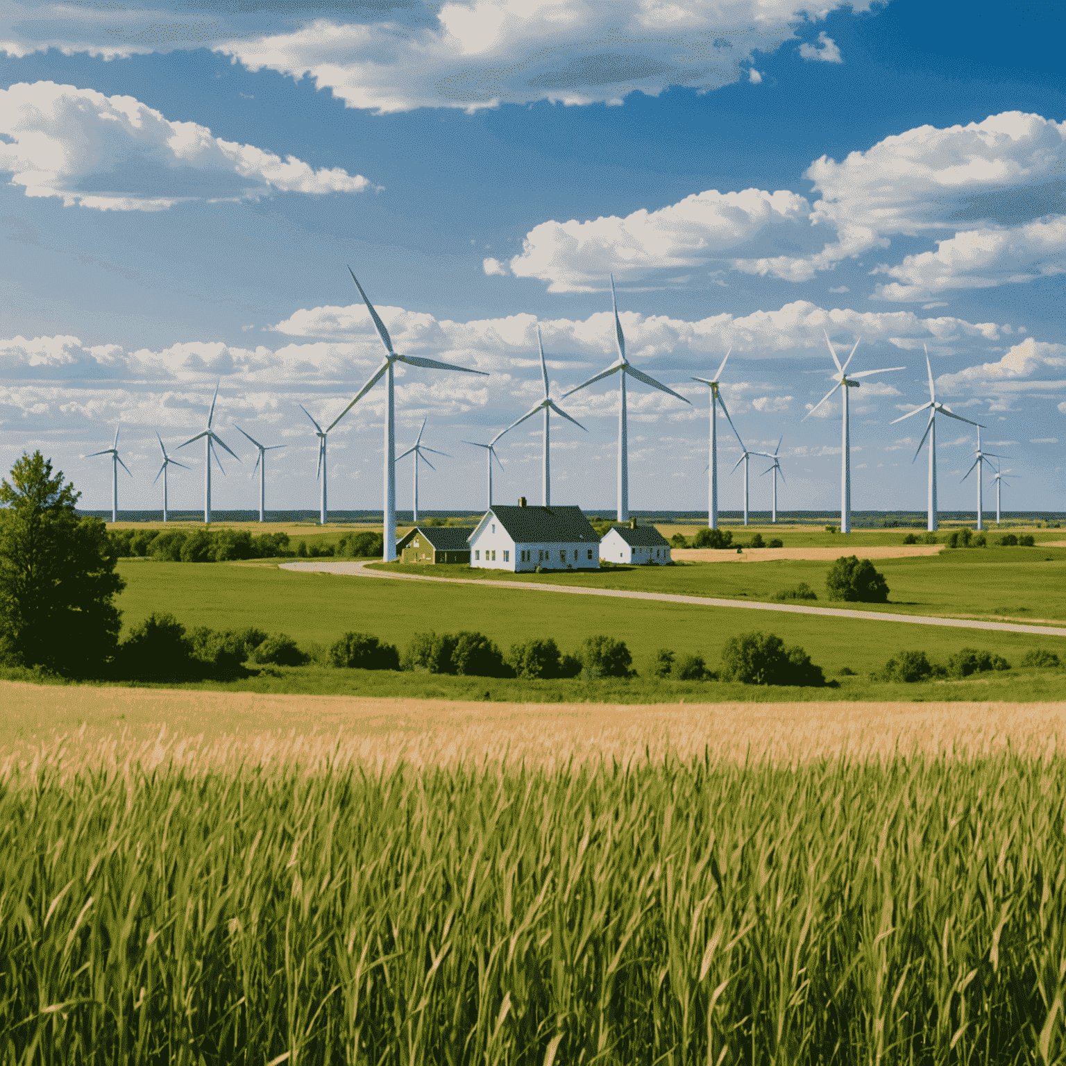 A scenic view of wind turbines on a Canadian prairie, with a small house in the foreground representing residential application