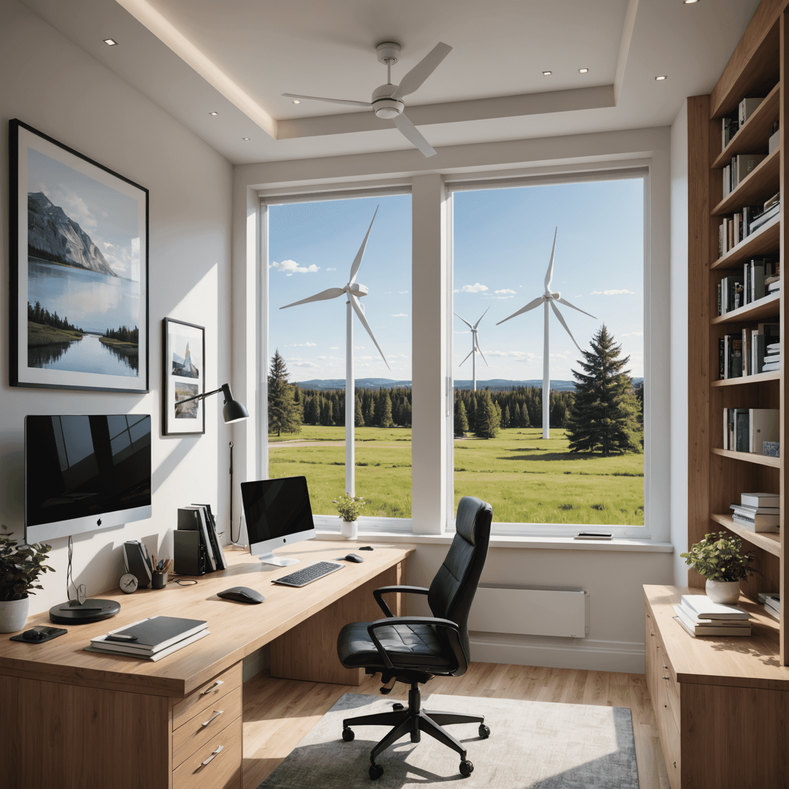 A modern Canadian home office with a small wind turbine visible through the window, showcasing the integration of wind power in residential settings