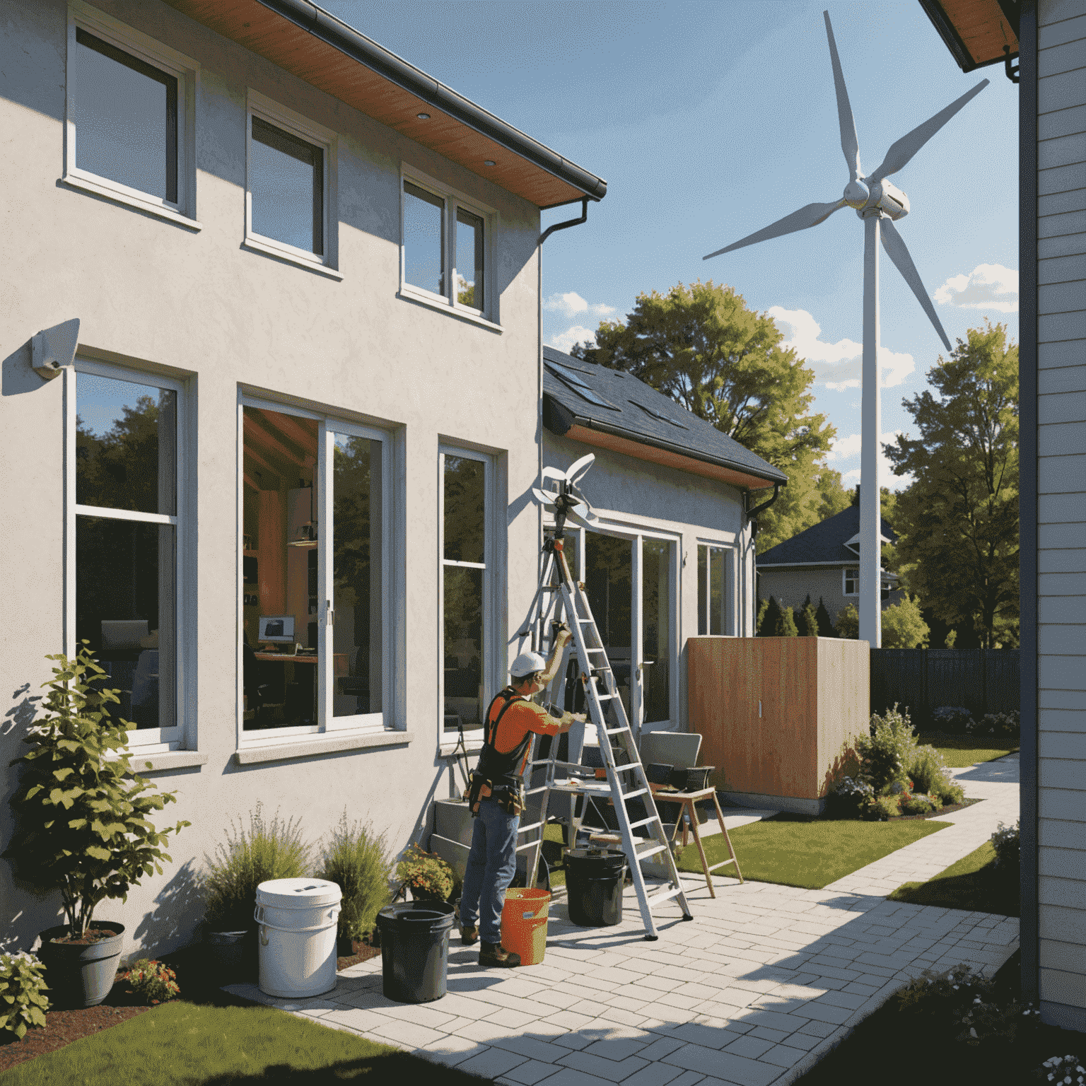 Illustration of a small wind turbine being installed on a Canadian home, with a person working in a home office visible through a window