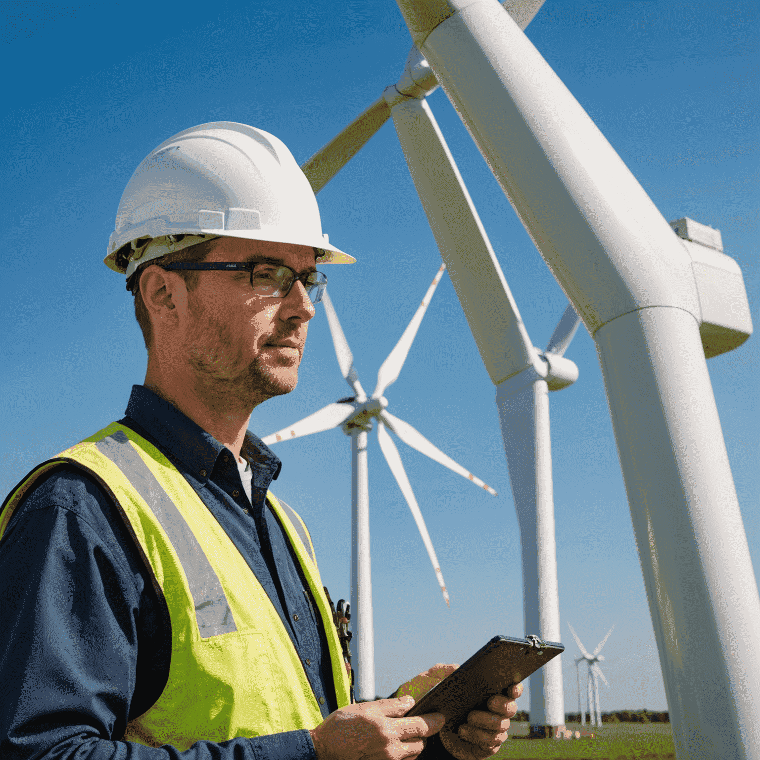 A wind turbine being inspected by a technician, showcasing regular maintenance procedures