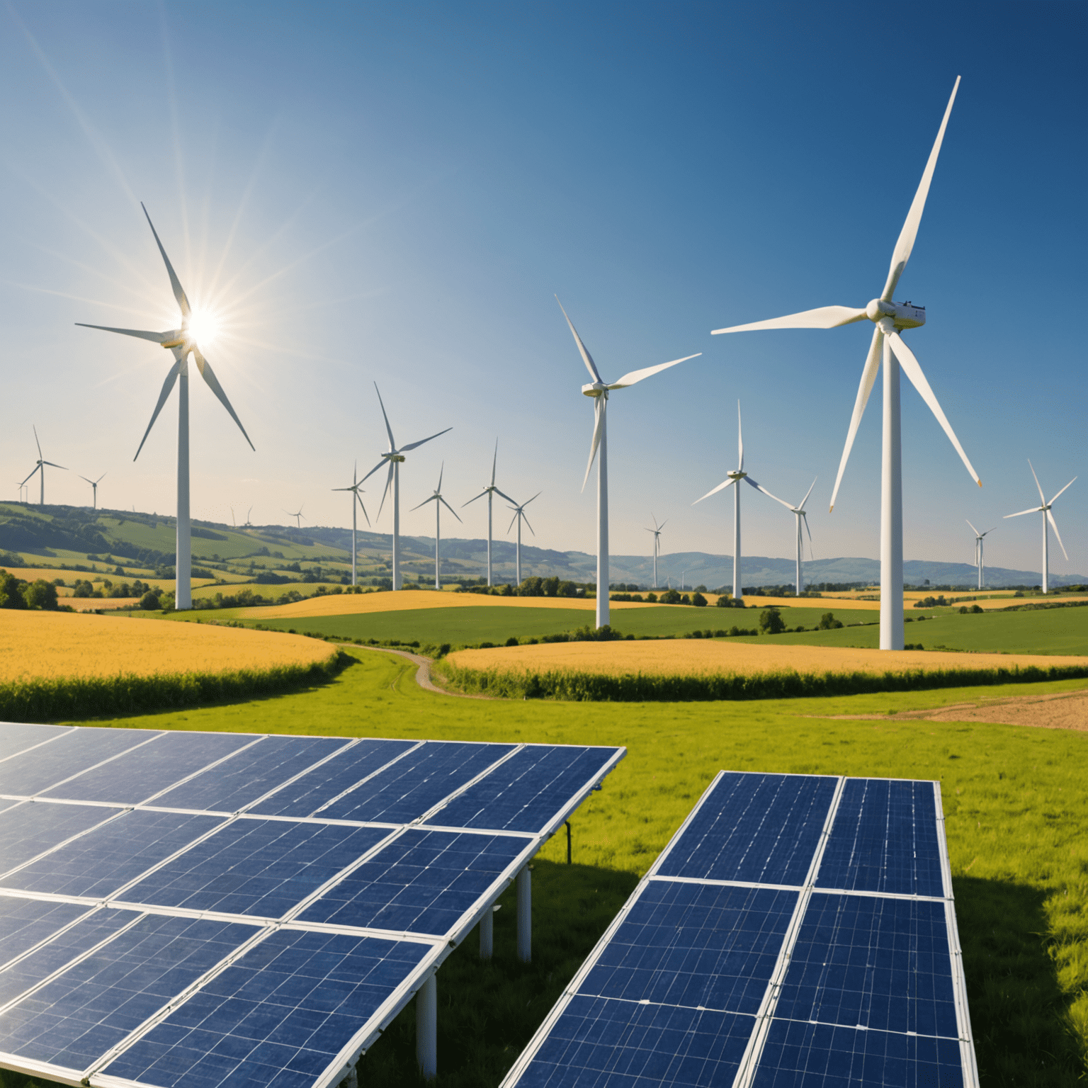 A split image showing a wind turbine on one side and solar panels on the other, representing the comparison between wind energy and other renewable sources