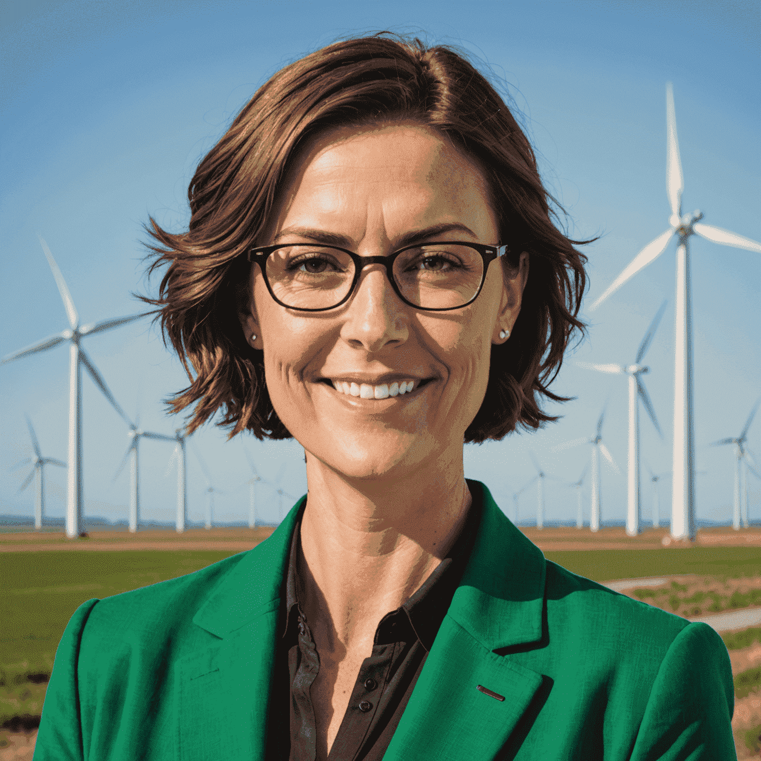 A professional headshot of Sarah Thompson, a woman in her mid-30s with short brown hair and glasses, wearing a green blazer. She has a friendly smile and is standing in front of a wind farm.