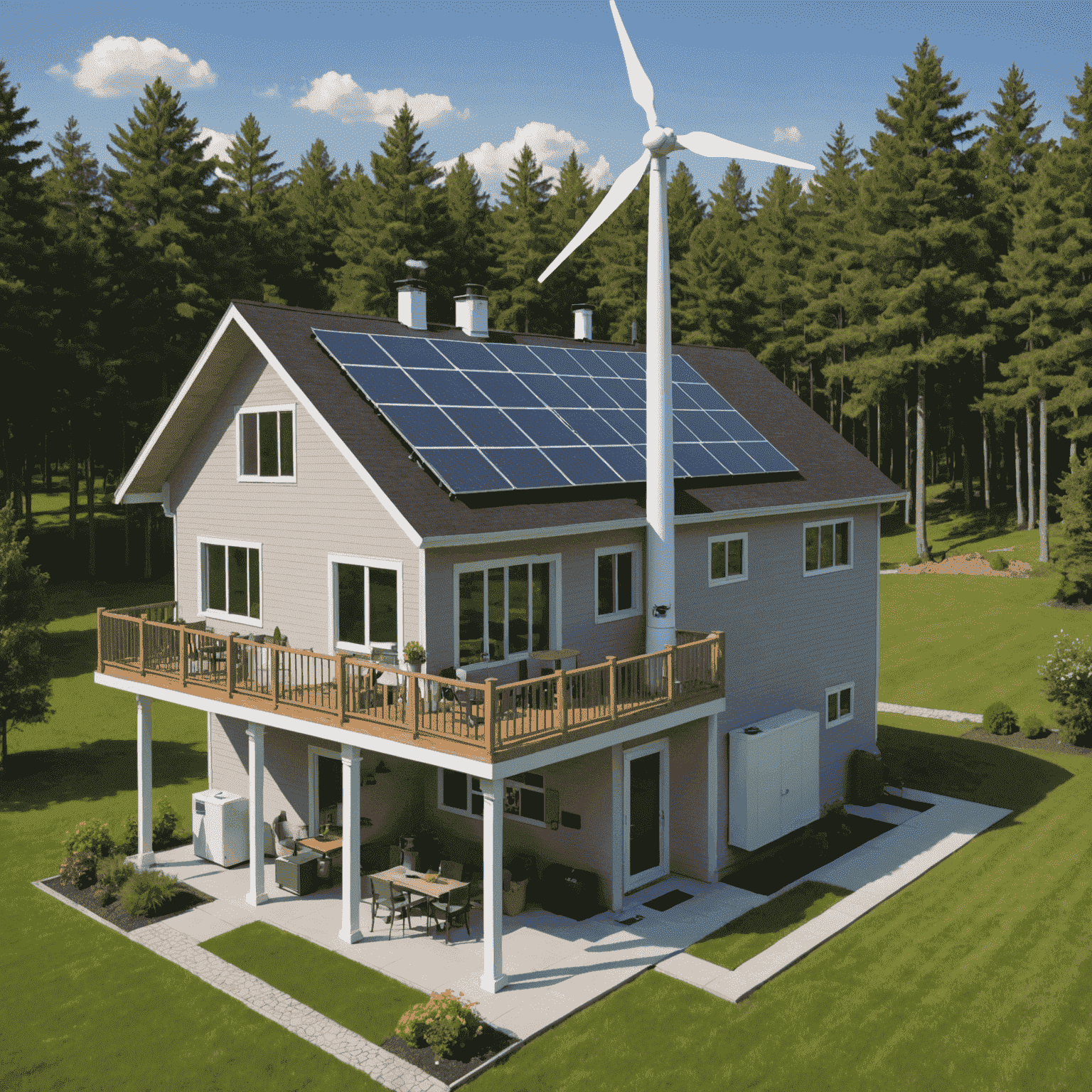 Diagram showing a residential wind energy system setup, including turbine, inverter, and connection to the home's electrical system