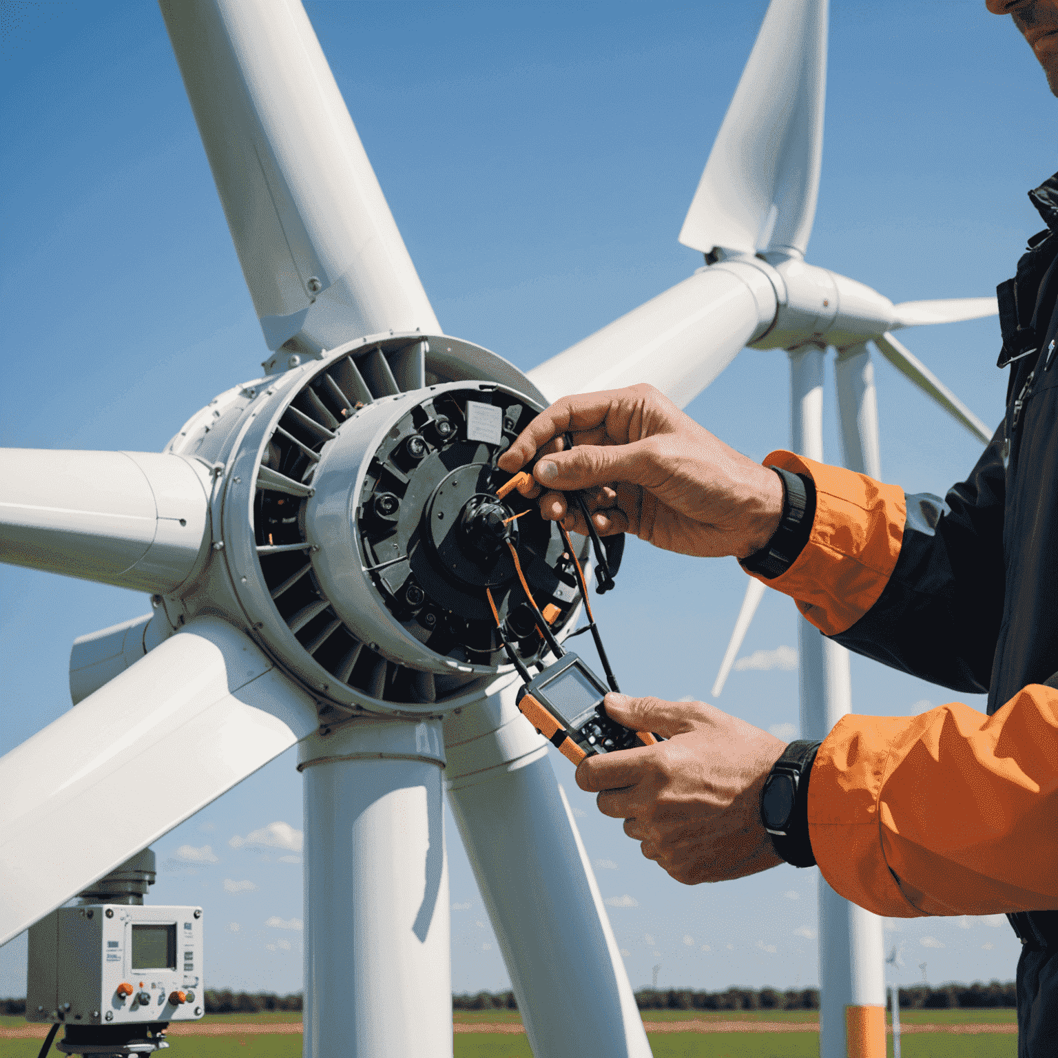 Close-up of a wind turbine's electrical components being checked and maintained