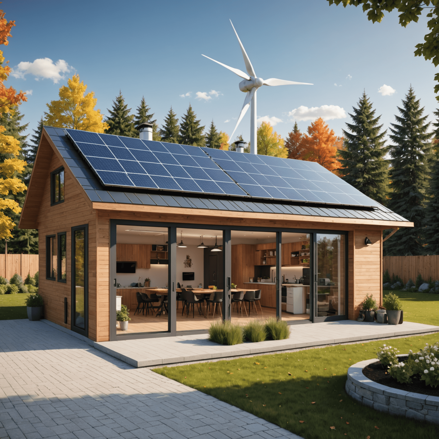 A Canadian home office powered by a combination of wind turbine and solar panels, showcasing the potential of hybrid renewable energy systems