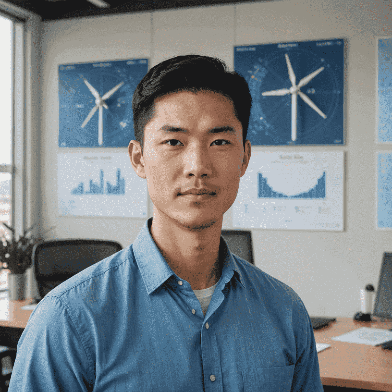 A professional headshot of Michael Chen, a man in his late 20s with black hair, wearing a blue button-up shirt. He has a confident expression and is pictured in an office setting with wind energy diagrams visible in the background.