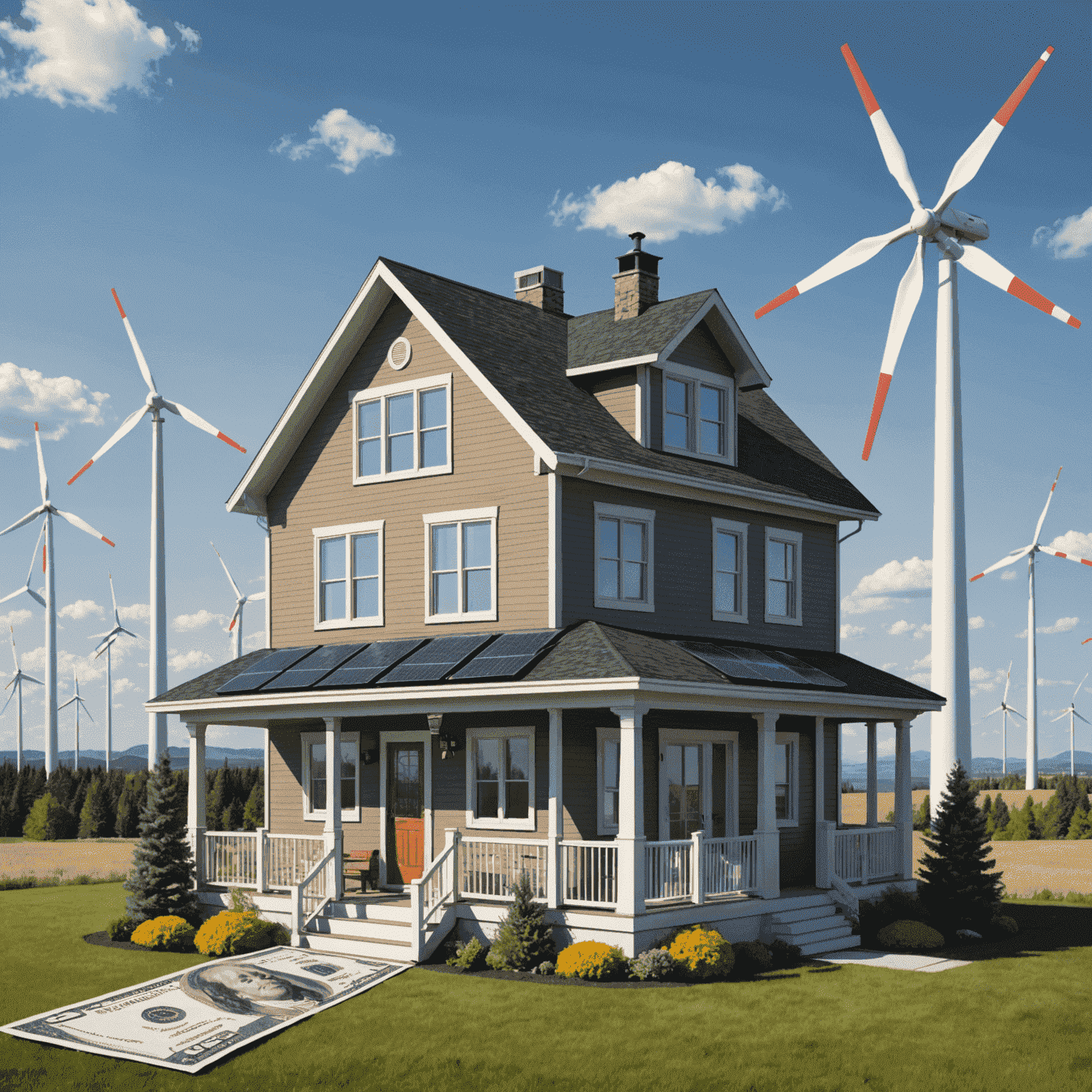 An illustration showing a Canadian home with a wind turbine and dollar signs, representing the cost savings of wind power for home offices.