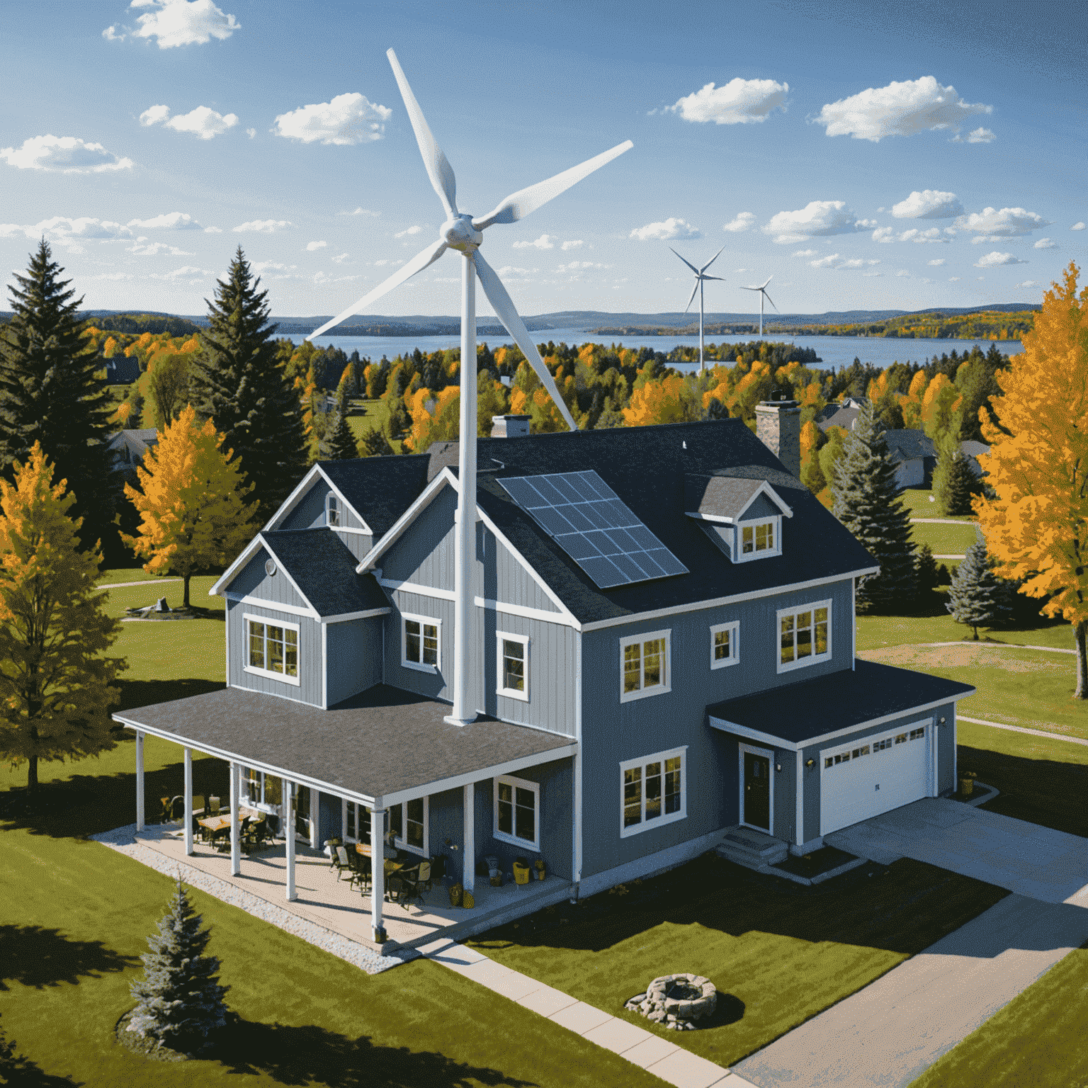 A series of step-by-step illustrations showing the process of installing a small wind turbine on a Canadian home, including permit application and safety checks.