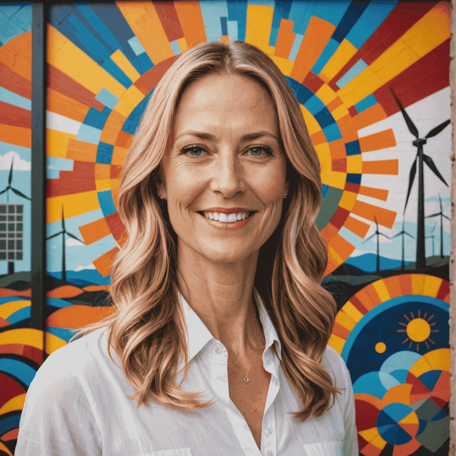 A professional headshot of Emily Tremblay, a woman in her early 40s with long blonde hair, wearing a white blouse. She has a warm smile and is pictured in front of a colorful mural depicting renewable energy sources.