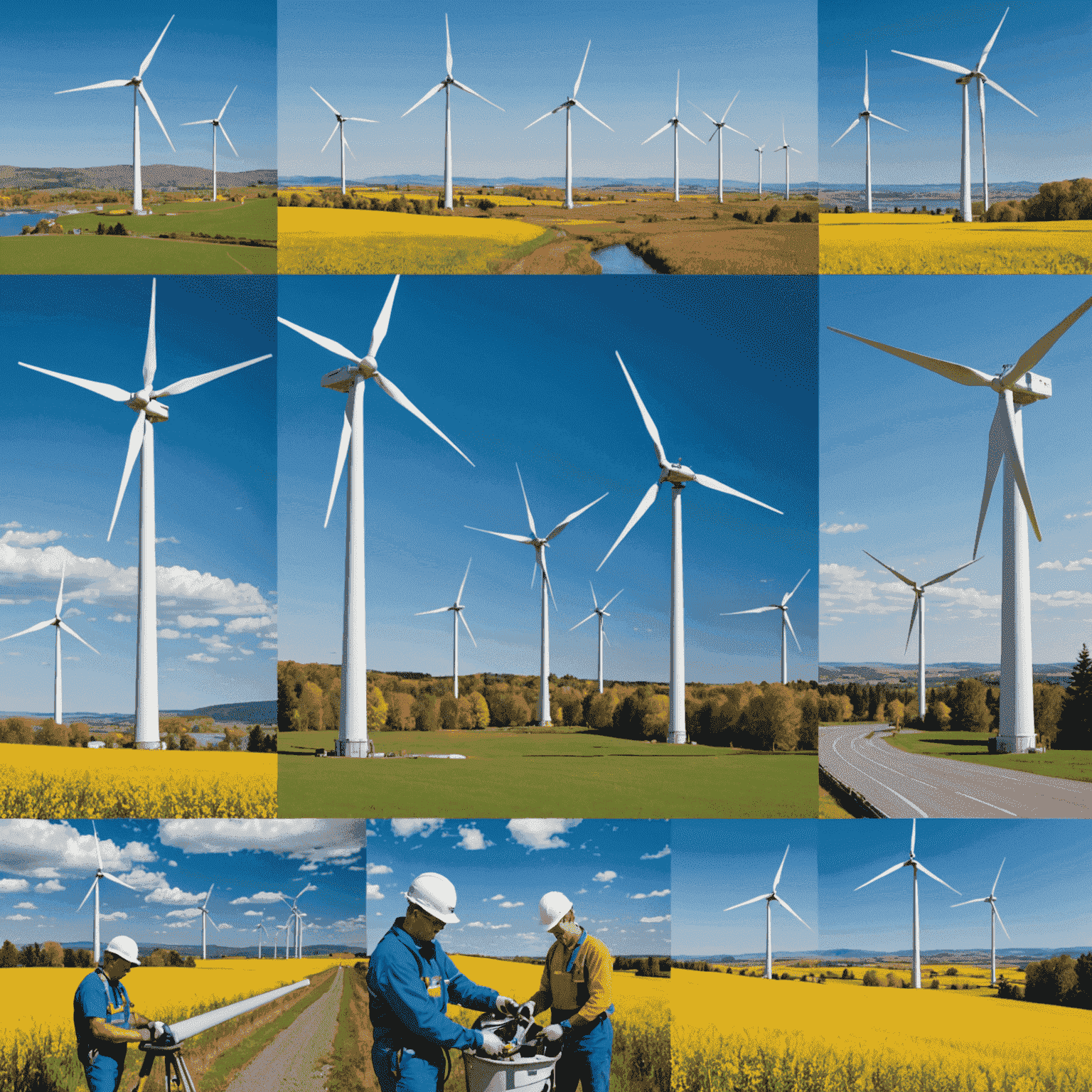 A collage of images showing various maintenance activities for a wind turbine, including cleaning blades, checking electrical connections, and inspecting the tower, set against a Canadian landscape.