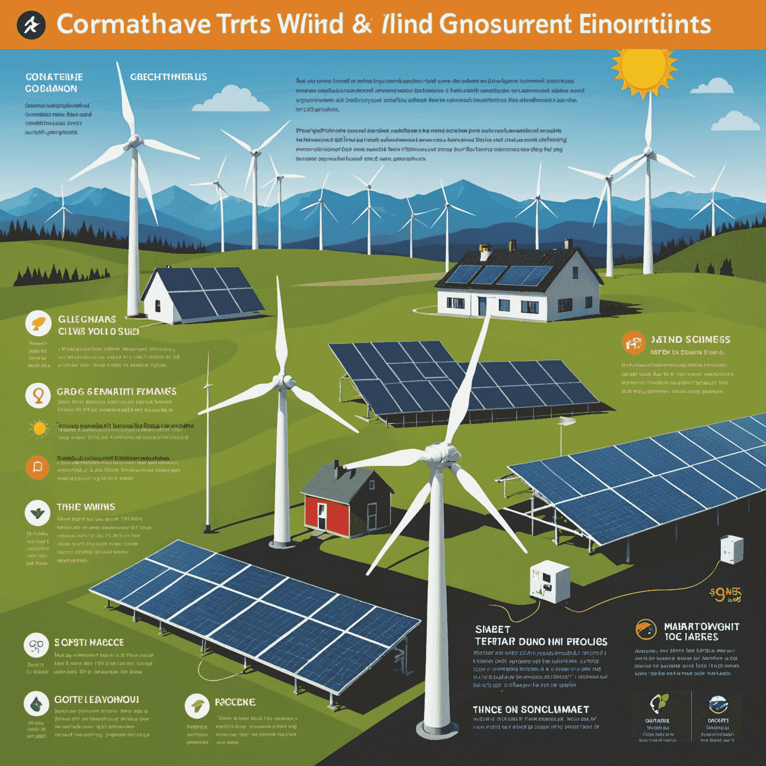 A comparative infographic showing wind turbines alongside solar panels and geothermal systems, with pros and cons listed for each, tailored to the Canadian climate.